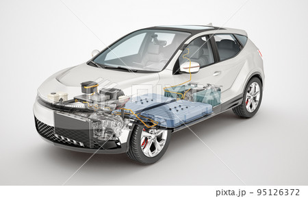 Electric car technical cutaway 3d rendering. Electric car technical cutaway 3d rendering. 95126372