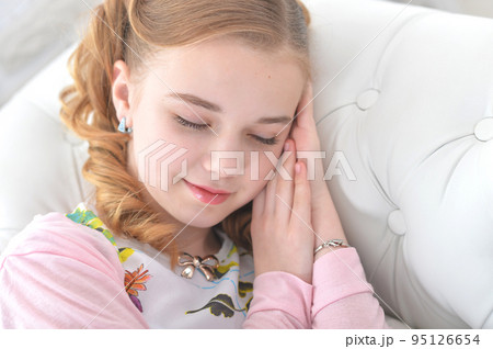 Portrait of cute girl sleep at home Portrait of cute girl sleep at home 95126654