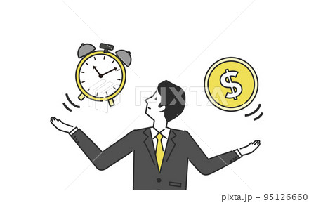 時計とお金を扱う人物のイラスト、時間とお金のイメージ、ベクター 95126660