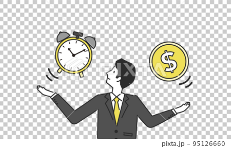 時計とお金を扱う人物のイラスト、時間とお金のイメージ、ベクター 95126660