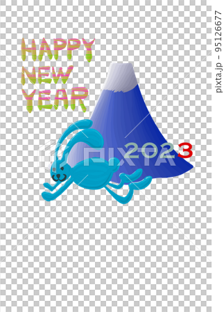 New Year's card illustration of a blue rabbit running at the foot of Mt. Fuji 95126677