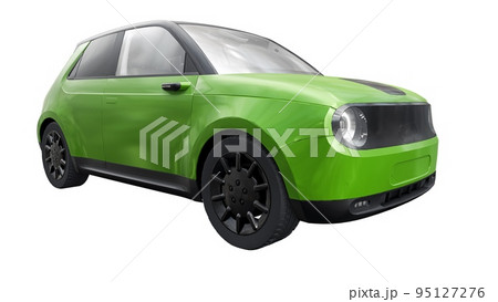 Compact urban electric car with a cute design and advanced technologies of the future on a white background. 3d illustration. Compact urban electric car with a cute design and advanced technologies of the future on a white background. 3d illustration. 95127276