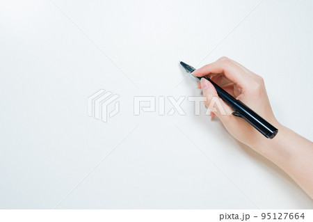 work and learn online in new normal concept from black pen in woman hand write to white isolated background 95127664