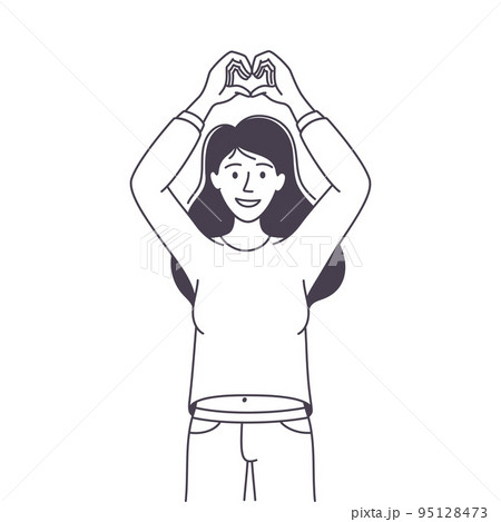 Woman Character Showing Heart Positive Hand Gesture Outline Vector Illustration 95128473