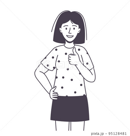 Woman Character Showing Thumb Up as Positive Hand Gesture Outline Vector Illustration 95128481