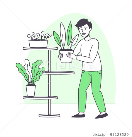 Man Character Putting Plant with Pot on Shelf Growing and Cultivating Greenery Outline Vector Illustration Man Character Putting Plant with Pot on Shelf Growing and Cultivating Greenery Outline Vector Illustration 95128529
