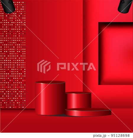 Abstract cream 3D room with set of realistic cylinders pedestal podium. Geometric forms element. Minimal scene for product display presentation. Round stage for showcase Abstract cream 3D room with set of realistic cylinders pedestal podium. Geometric forms element. Minimal scene for product display presentation. Round stage for showcase 95128698
