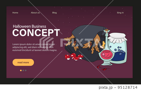 Happy Halloween Party Website Design. Landing Page Template with Symbols of Halloween Celebration. Flat Cartoon Vector Invitation Illustration for Website Page. Vector illustration 95128714