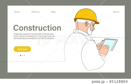 Vector landing page of architecture works with protective face masks for safety in machine industrial factory. Continuous one line drawing for your minimal design 95128804