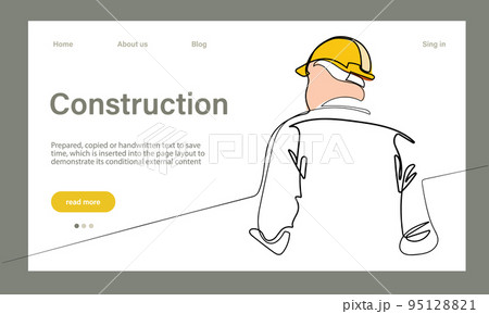 Vector landing page of architecture works with protective face masks for safety in machine industrial factory. Continuous one line drawing for your minimal design Vector landing page of architecture works with protective face masks for safety in machine industrial factory. Continuous one line drawing for your minimal design 95128821