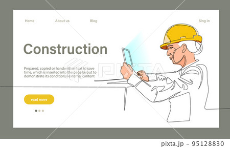 Vector landing page of architecture works with protective face masks for safety in machine industrial factory. Continuous one line drawing for your minimal design 95128830