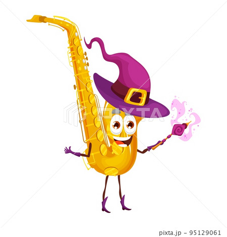 Cartoon saxophone wizard character with magic wand. Sax fantasy musical wind instrument wear witch hat. Isolated vector horn woodwind music pipe personage for music school education 95129061