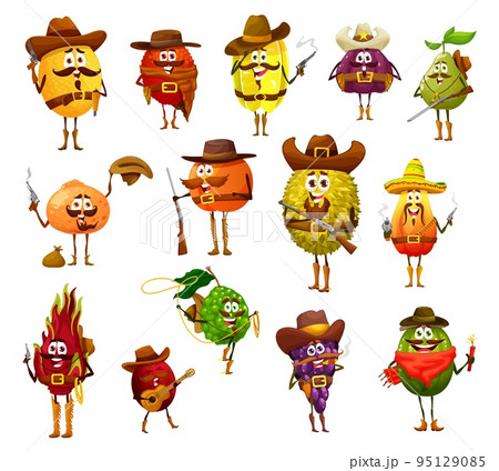 Cartoon cowboy robber, sheriff, ranger and bandit fruit characters. Vector melon, lychee, carambola and figs, pear, mandarin, peach and durian, guava, dragon fruit and bergamot or plum, grape, feijoa 95129085
