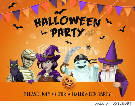 Halloween party poster. Cartoon witch, ghost, wizard and mummy characters. Halloween holiday celebration banner or vector background with funny monsters personages, pumpkin, spider web and flying bats 95129094