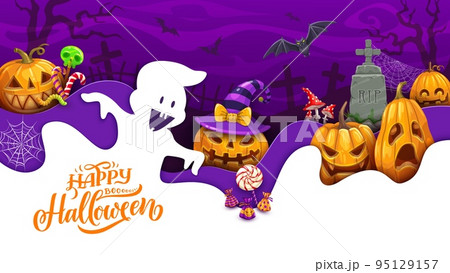 Halloween paper cut banner with cartoon pumpkin characters. Happy Halloween vector banner, papercut background with ghost personage, Jack o lantern faces, cemetery graves crosses and sweet candies Halloween paper cut banner with cartoon pumpkin characters. Happy Halloween vector banner, papercut background with ghost personage, Jack o lantern faces, cemetery graves crosses and sweet candies 95129157