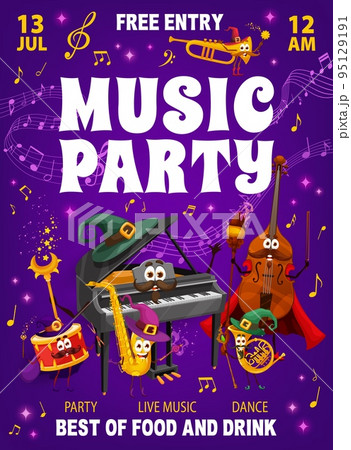 Music party flyer, mage and wizard musical instrument characters, vector sound music waves. Kids party flyer with cartoon music instrument piano wizard, trumpet mage and drum sorcerer with magic wand Music party flyer, mage and wizard musical instrument characters, vector sound music waves. Kids party flyer with cartoon music instrument piano wizard, trumpet mage and drum sorcerer with magic wand 95129191