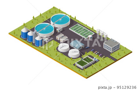 Isometric treatment plant, water sewage and wastewater filtration or purification system. Vector waste water treatment plant with tank reservoirs and pipes, 3d isometric facilities 95129236
