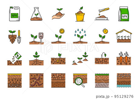Color ground soil, agriculture and agronomy line icons, vector organic plant seedling. Garden seeds grow in earth, eco farm land and ground soil cultivation, farming and agrarian linear icons 95129276
