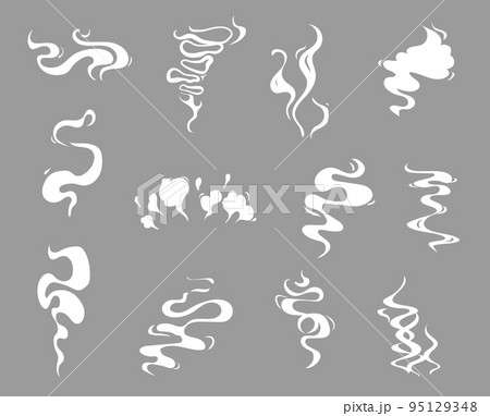 Cartoon smoke effects, food flavor, coffee and tea steam. White vector aroma or toxic clouds, vapour or dust trails. Flow mist or smoky chemical steam, isolated comic boom steaming Cartoon smoke effects, food flavor, coffee and tea steam. White vector aroma or toxic clouds, vapour or dust trails. Flow mist or smoky chemical steam, isolated comic boom steaming 95129348