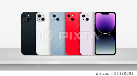 Modern smartphones of different colors standing on the table, white background - Vector 95130003