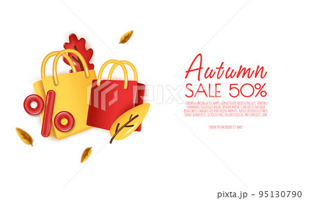 Autumn sale background with percent symbol, orange leaves, shopping bag, copy space text. 3D vector illustration Autumn sale background with percent symbol, orange leaves, shopping bag, copy space text. 3D vector illustration 95130790