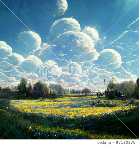 Rural landscape with green agriculture fields, path and bushes with flowers. 95130876