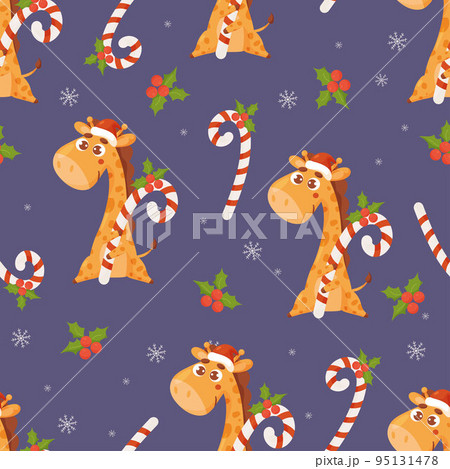 Christmas seamless pattern. Cute animal giraffe with caramel candy on purple background with holi and snowflakes. Vector funny New Years ornament for decor, design, print, wallpaper, kids collection 95131478
