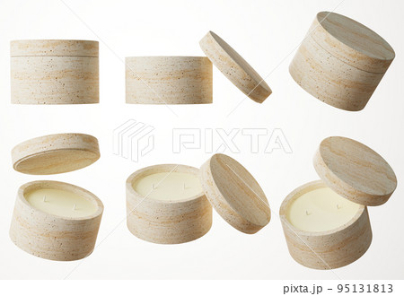 Set of six different angles of stone container candle with two cotton wicks in white concrete jar with lid 3D render, commercial product mock-up 95131813