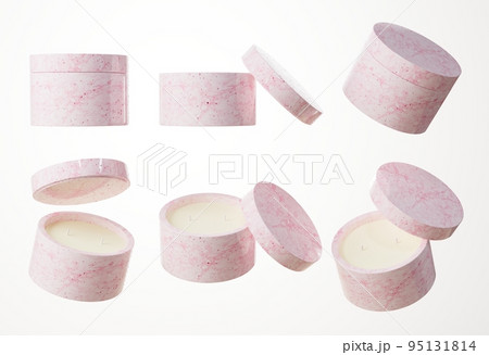 Set of six different angles of marble container candle with two cotton wicks in white concrete jar with lid 3D render, commercial product mock-up Set of six different angles of marble container candle with two cotton wicks in white concrete jar with lid 3D render, commercial product mock-up 95131814