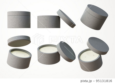 Set of six different angles of concrete container candle with two cotton wicks in white concrete jar with lid 3D render, commercial product mock-up 95131816