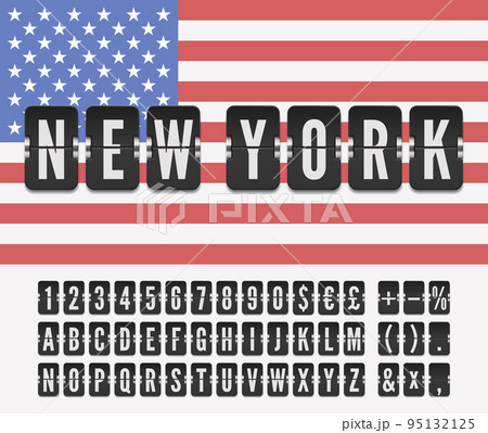 Flight info board of destination in New york with mechanical airport flip scoreboard font and USA flag Vector illustration Flight info board of destination in New york with mechanical airport flip scoreboard font and USA flag Vector illustration 95132125