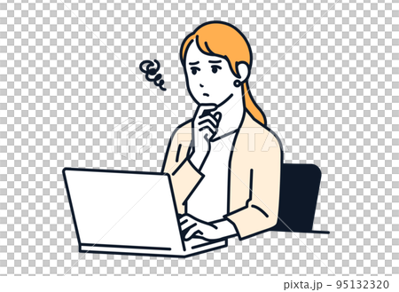 一個穿著西裝的女人在電腦前擔心的矢量圖解材料 95132320