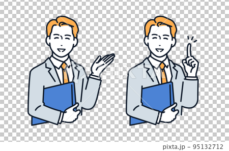 一個穿著西裝的男人微笑著引導的矢量圖解材料 95132712