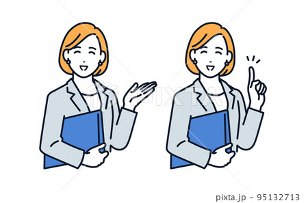 笑顔で案内をするスーツの女性のベクターイラスト素材 95132713