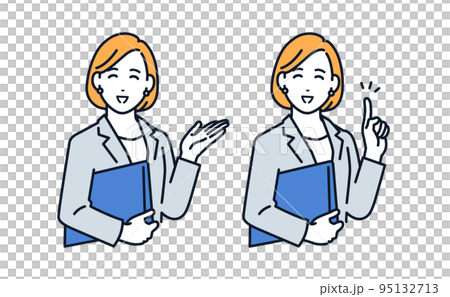 笑顔で案内をするスーツの女性のベクターイラスト素材 95132713