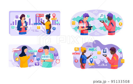 Voice assistant. Smart speaker virtual assistant, sound robot, people using voice controlled smart speaker Voice assistant. Smart speaker virtual assistant, sound robot, people using voice controlled smart speaker 95133508