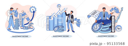Investment, saving money and finance growth business concept metaphor. Woman analyzes charts and dividends Investment, saving money and finance growth business concept metaphor. Woman analyzes charts and dividends 95133568