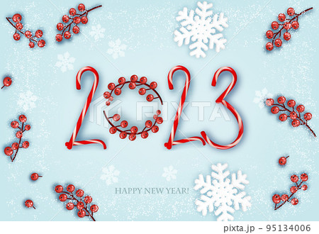 Merry Christmas and Happy New Year background with a 2023, red berries, candy cane and snowflakes. Vector. 95134006