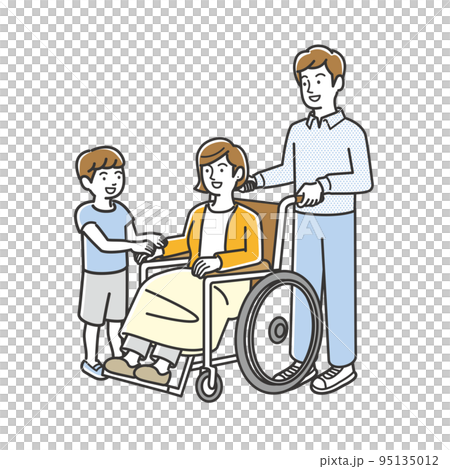 Husband and child helping wife in wheelchair 95135012