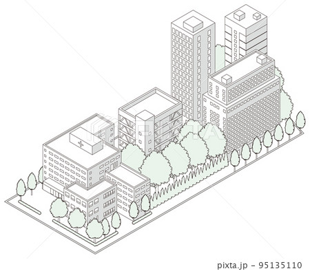 街並みの立体図. 都市の景観. 線画のイラスト. 95135110