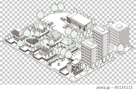 Three-dimensional view of the townscape. Cityscape. Line drawing illustration. 95135115