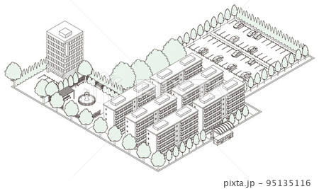 街並みの立体図. 都市の景観. 線画のイラスト. 街並みの立体図. 都市の景観. 線画のイラスト. 95135116