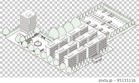 街並みの立体図. 都市の景観. 線画のイラスト. 街並みの立体図. 都市の景観. 線画のイラスト. 95135116