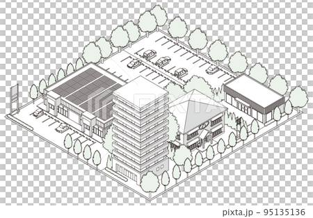城市景觀的三維視圖 城市景觀 線描插圖。 95135136