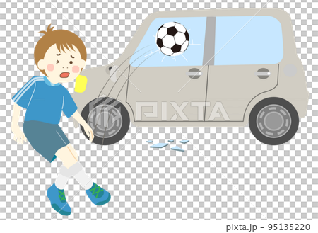 一輛汽車的車窗被一個孩子的足球砸碎了 95135220