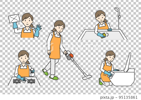Illustration set of a housewife cleaning Illustration set of a housewife cleaning 95135861