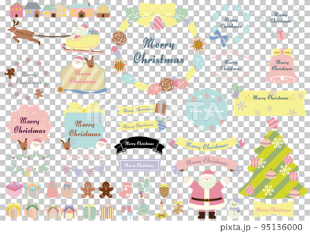 Christmas cute frame and illustration and ribbon set pastel color 95136000
