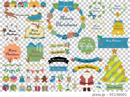 Christmas cute frame and illustration and ribbon set blue ribbon Christmas cute frame and illustration and ribbon set blue ribbon 95136001