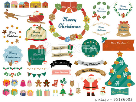 クリスマスのかわいいフレームとイラストとリボンのセット・レッドリボン 95136002