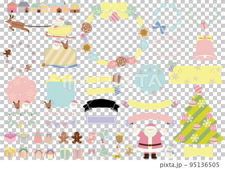 Set of cute Christmas frames and illustrations and ribbons, pastel colors, no text Set of cute Christmas frames and illustrations and ribbons, pastel colors, no text 95136505